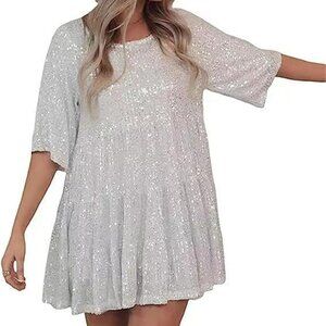 Silver Sequin Babydoll Mini Dress,Sparkly Glitter Flowy Short Tiered Tunic Dress